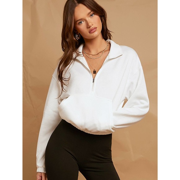 🌟 minimalist Drop Shoulder Zip Half Placket Sweatshirt - Picture 1 of 11